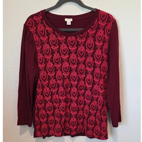 J. Crew XL Burgundy Red Embroidered Long Sleeve Cotton Top - Picture 6 of 8